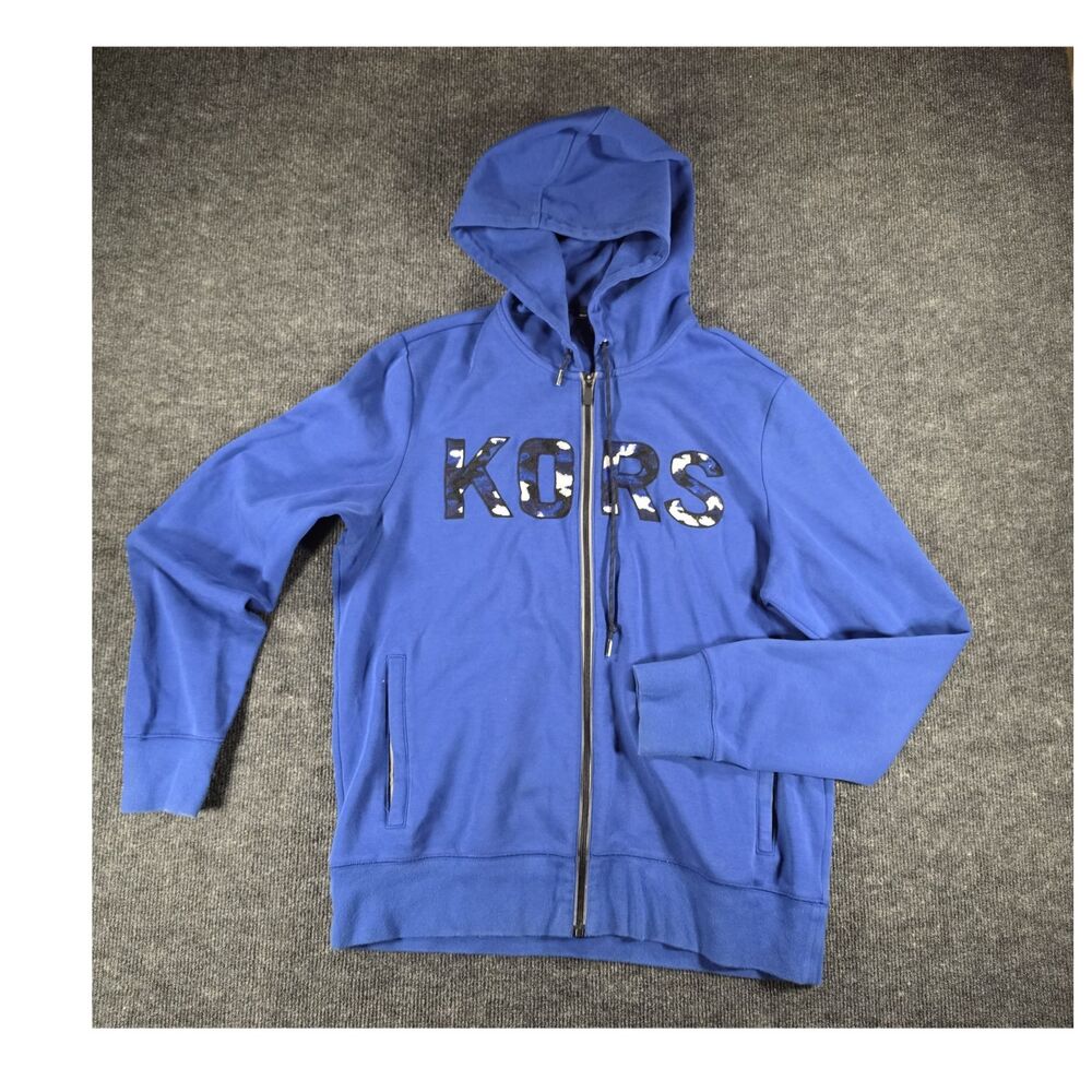Michael Kors Men's Blue Full Zip Hoodie Logo Pockets Fleece Cotton Size L